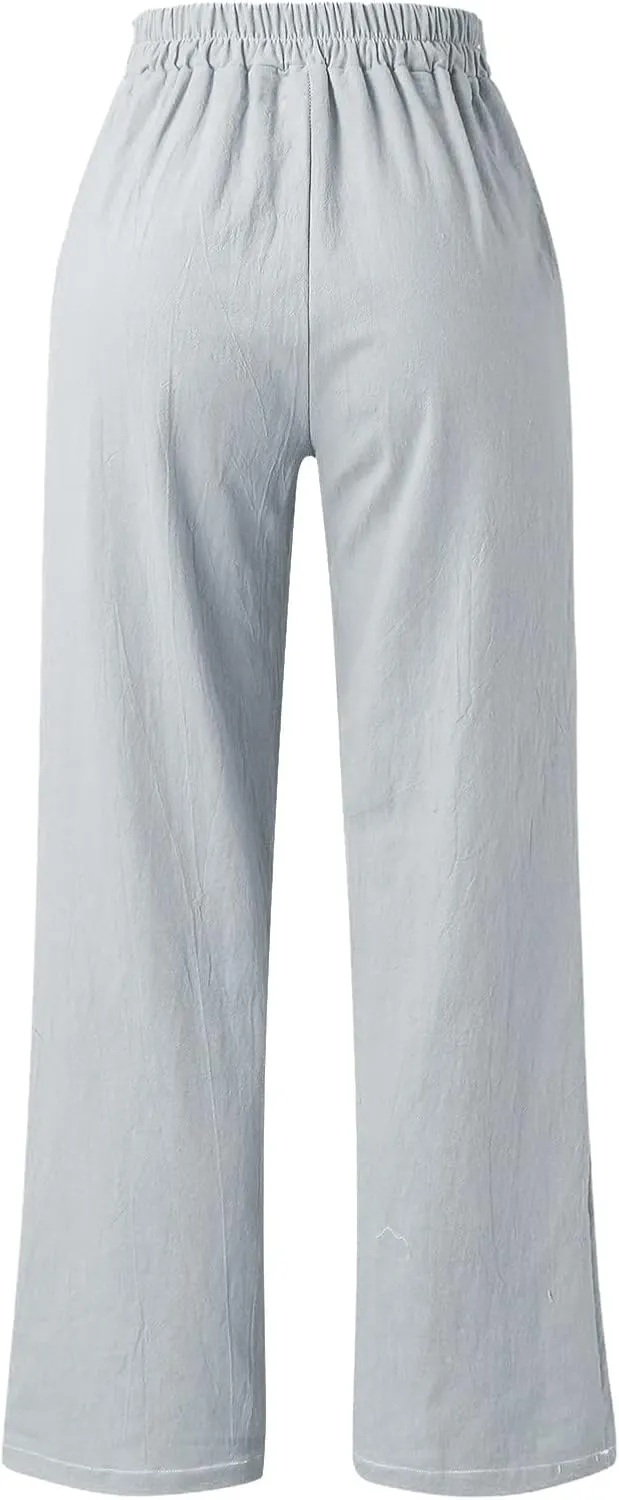 Women's Linen Blend Summer Lightweigt Pants Low Waist Baggy Stretchy Slim Fit Trousers Work Business