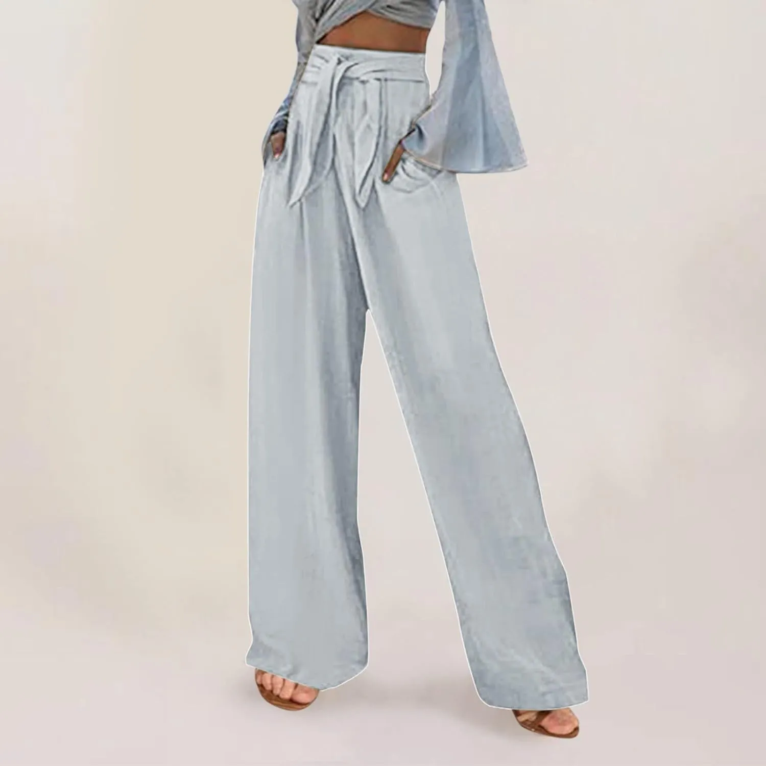 Women's Linen Blend Summer Lightweigt Pants Low Waist Baggy Stretchy Slim Fit Trousers Work Business
