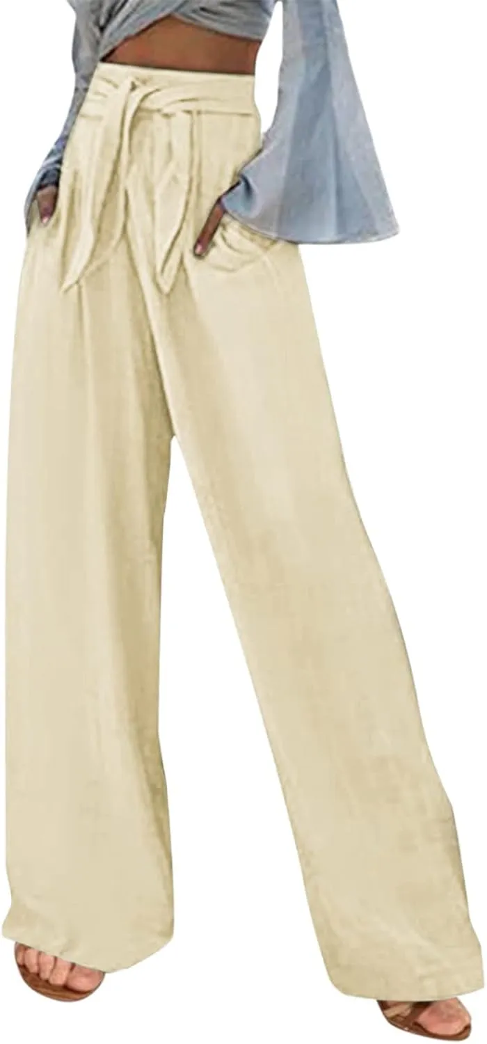 Women's Linen Blend Summer Lightweigt Pants Low Waist Baggy Stretchy Slim Fit Trousers Work Business