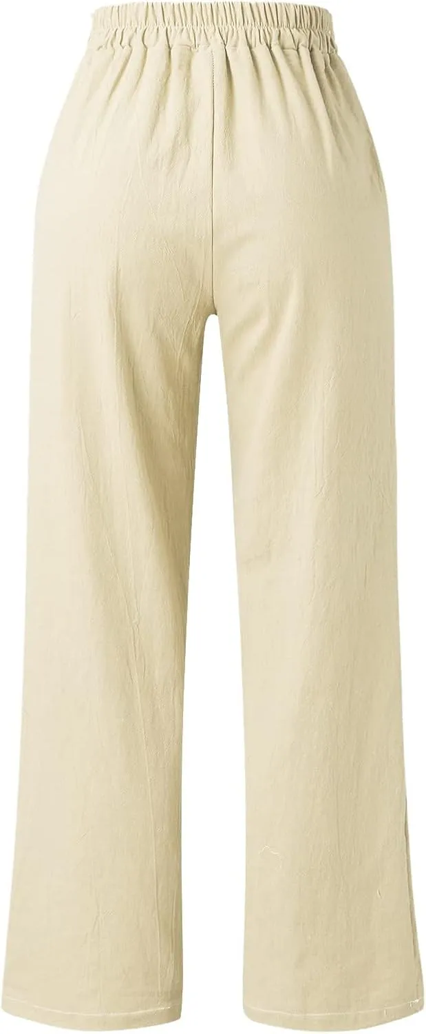 Women's Linen Blend Summer Lightweigt Pants Low Waist Baggy Stretchy Slim Fit Trousers Work Business