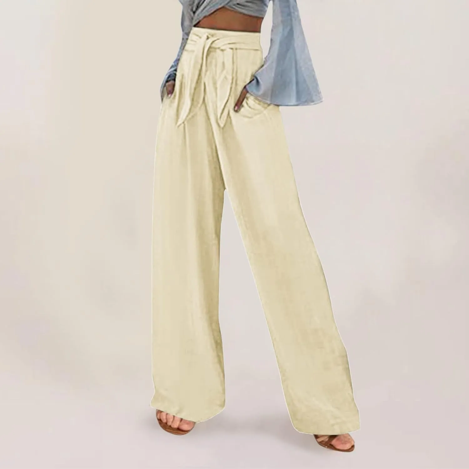 Women's Linen Blend Summer Lightweigt Pants Low Waist Baggy Stretchy Slim Fit Trousers Work Business