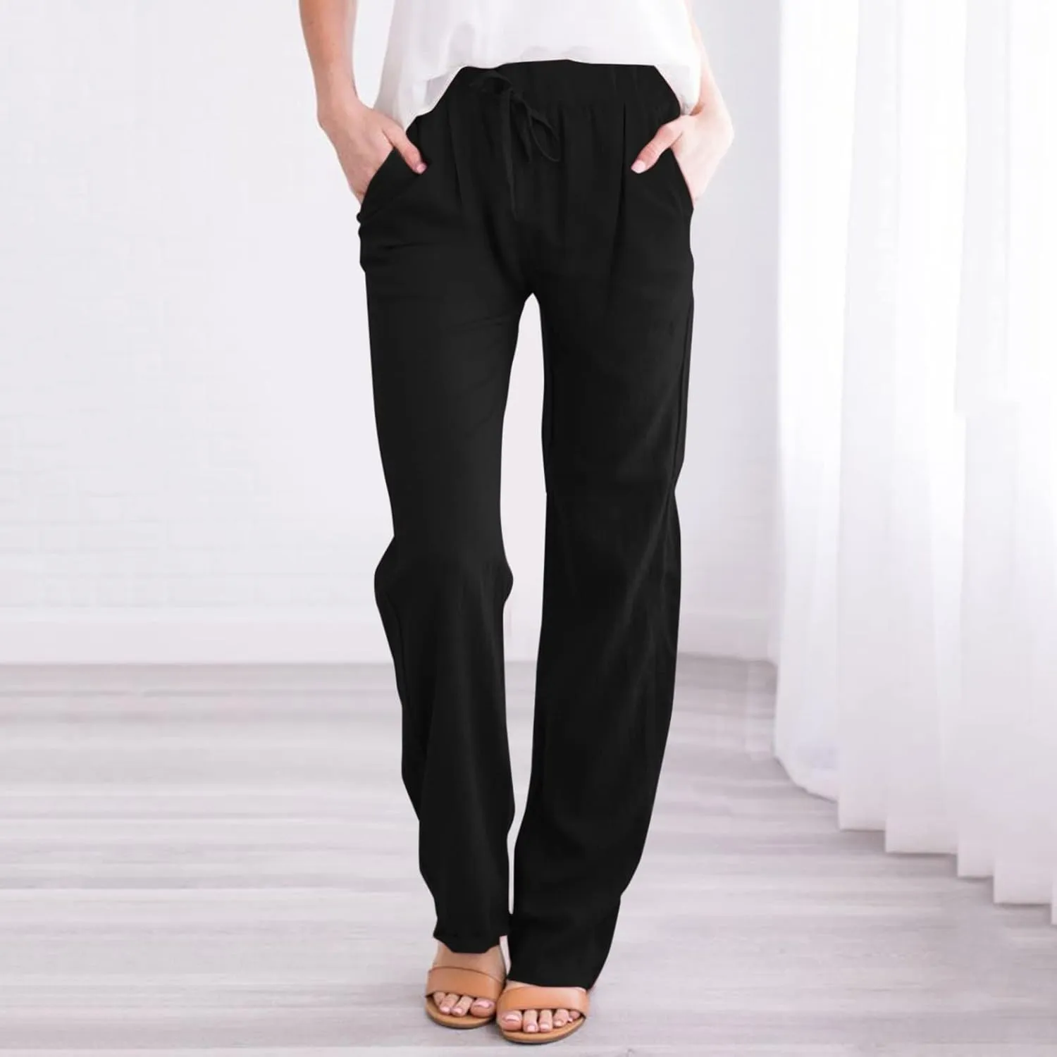 Women's Linen Blend Summer Lightweigt Pants Low Waist Baggy Stretchy Slim Fit Trousers Work Business