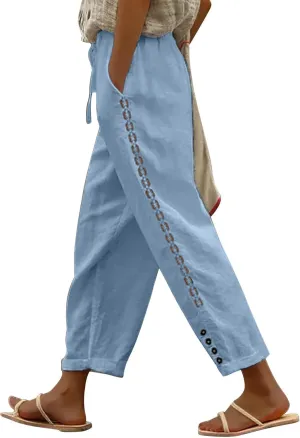 Women's Linen Blend Summer Loose Pant Trousers Elastic Waist Stretchy Plus Size Pants Vacation