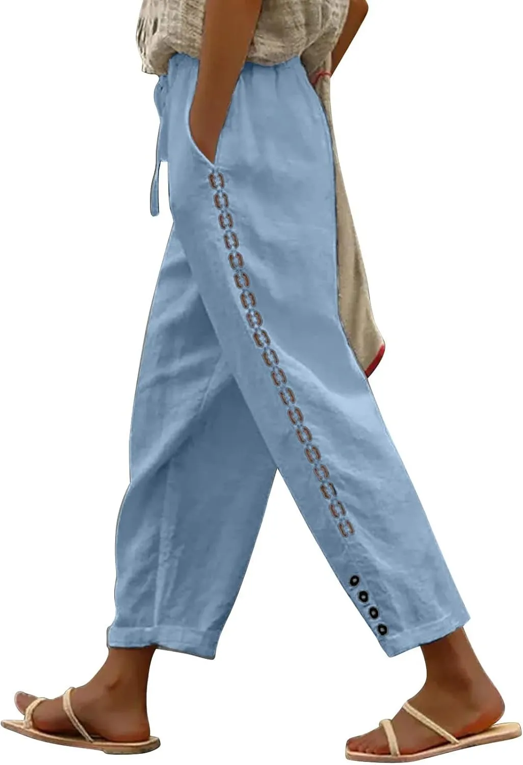 Women's Linen Blend Summer Loose Pant Trousers Elastic Waist Stretchy Plus Size Pants Vacation
