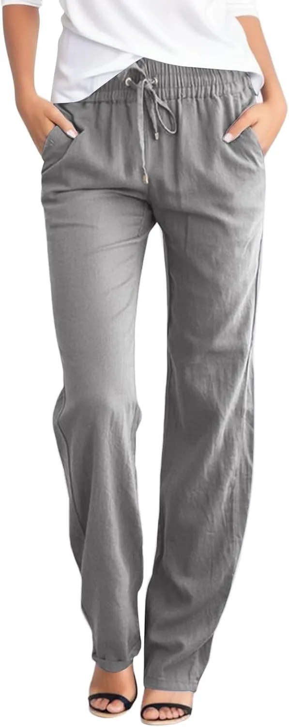 Women's Linen Blend Summer Loose Pant Trousers Elastic Waist Stretchy Plus Size Pants Vacation