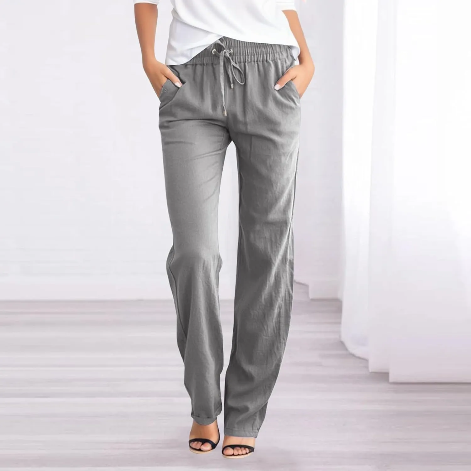 Women's Linen Blend Summer Loose Pant Trousers Elastic Waist Stretchy Plus Size Pants Vacation