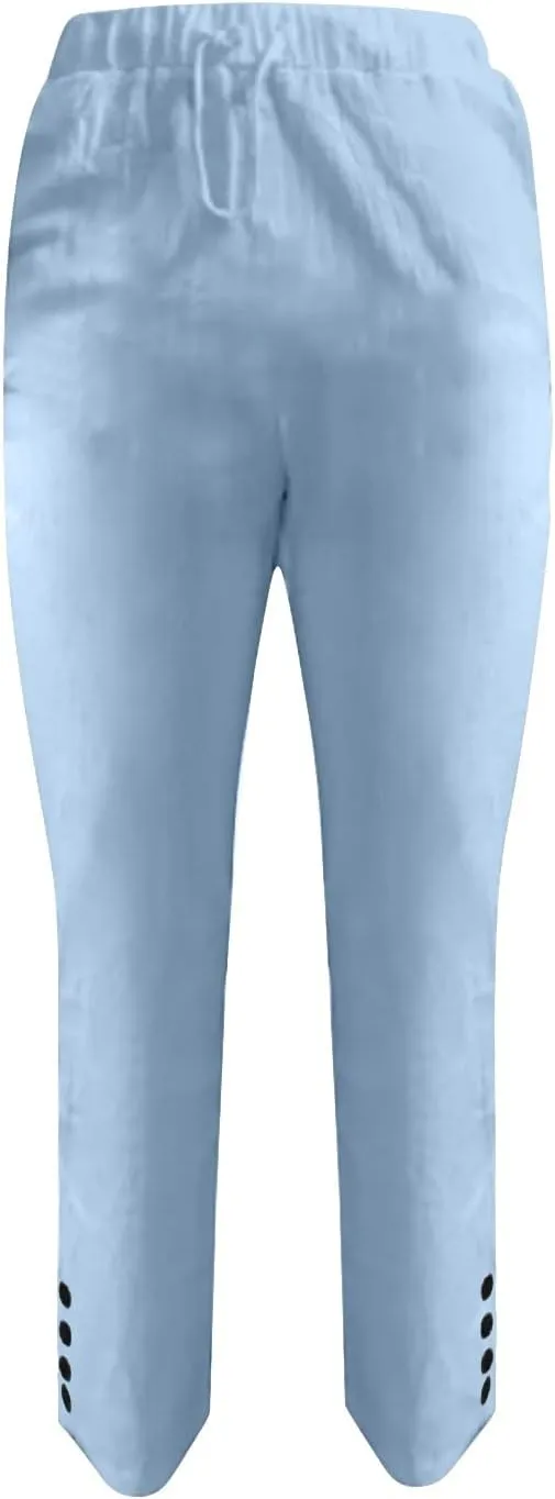 Women's Linen Blend Summer Loose Pant Trousers Elastic Waist Stretchy Plus Size Pants Vacation