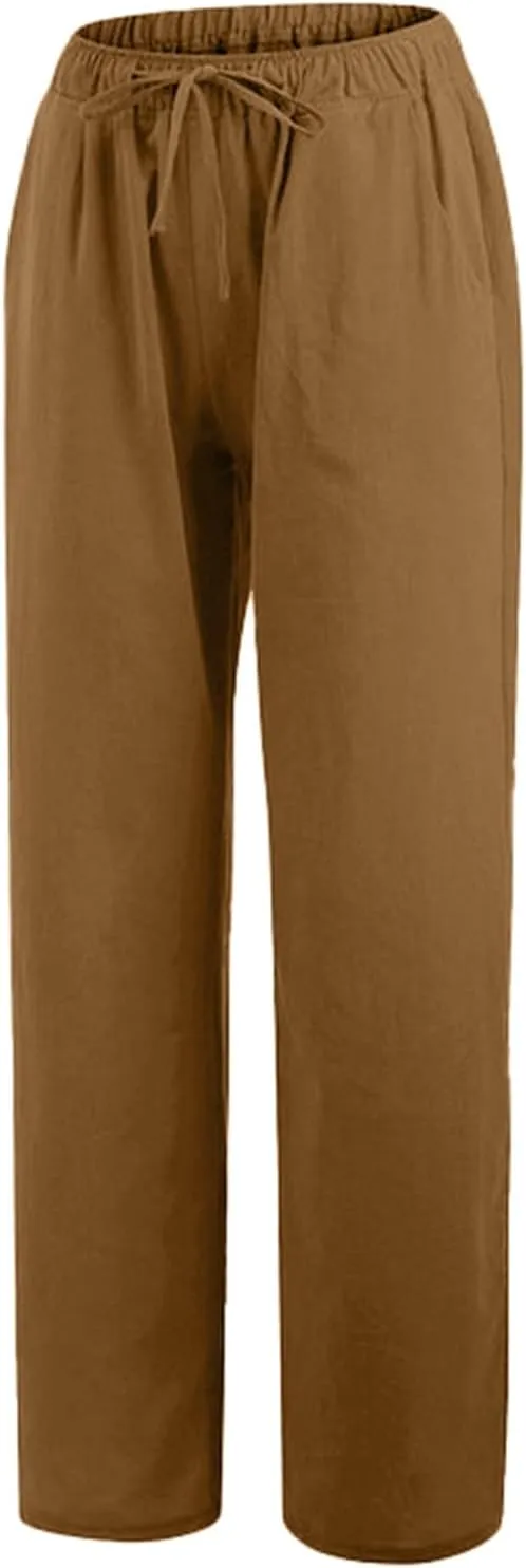 Women's Linen Blend Summer Loose Pants Low Waist Baggy Stretchy Loose Fit Pant Trousers Trendy