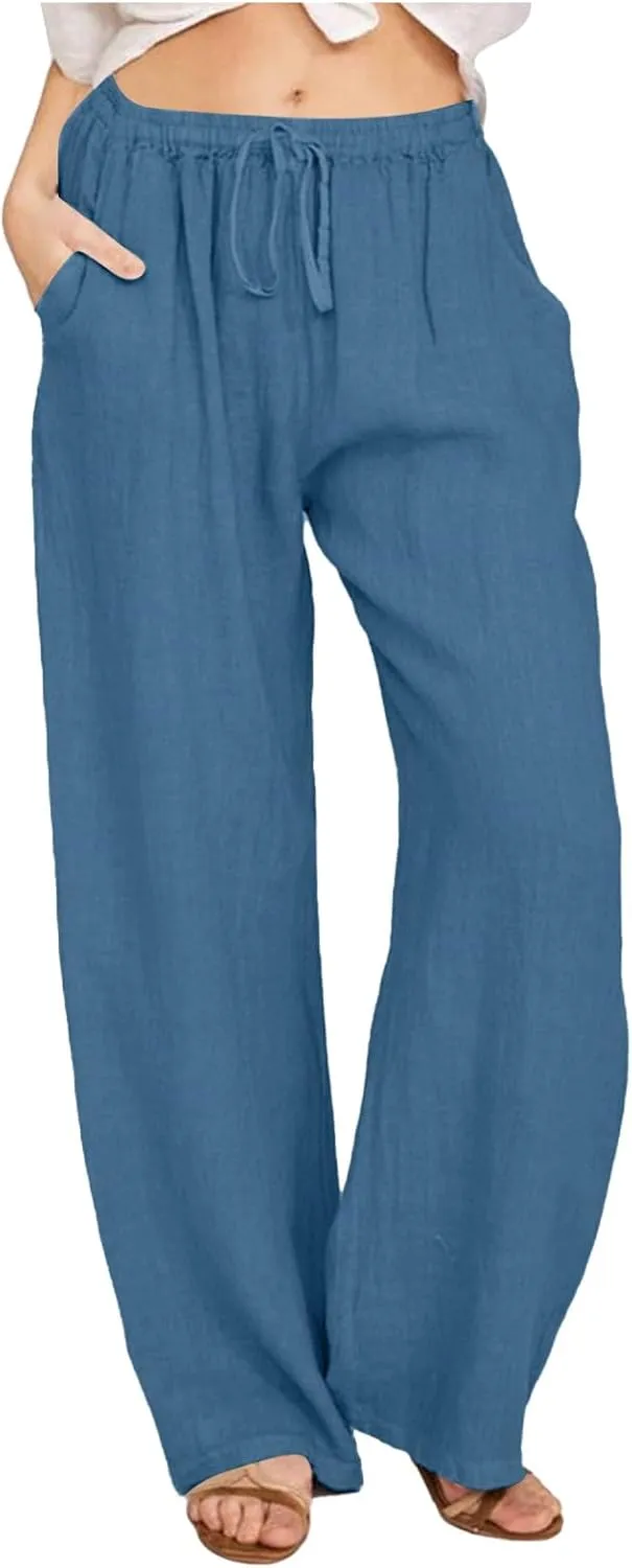 Women's Linen Blend Summer Loose Pants Low Waist Baggy Stretchy Loose Fit Pant Trousers Trendy