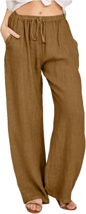 Women's Linen Blend Summer Loose Pants Low Waist Baggy Stretchy Loose Fit Pant Trousers Trendy