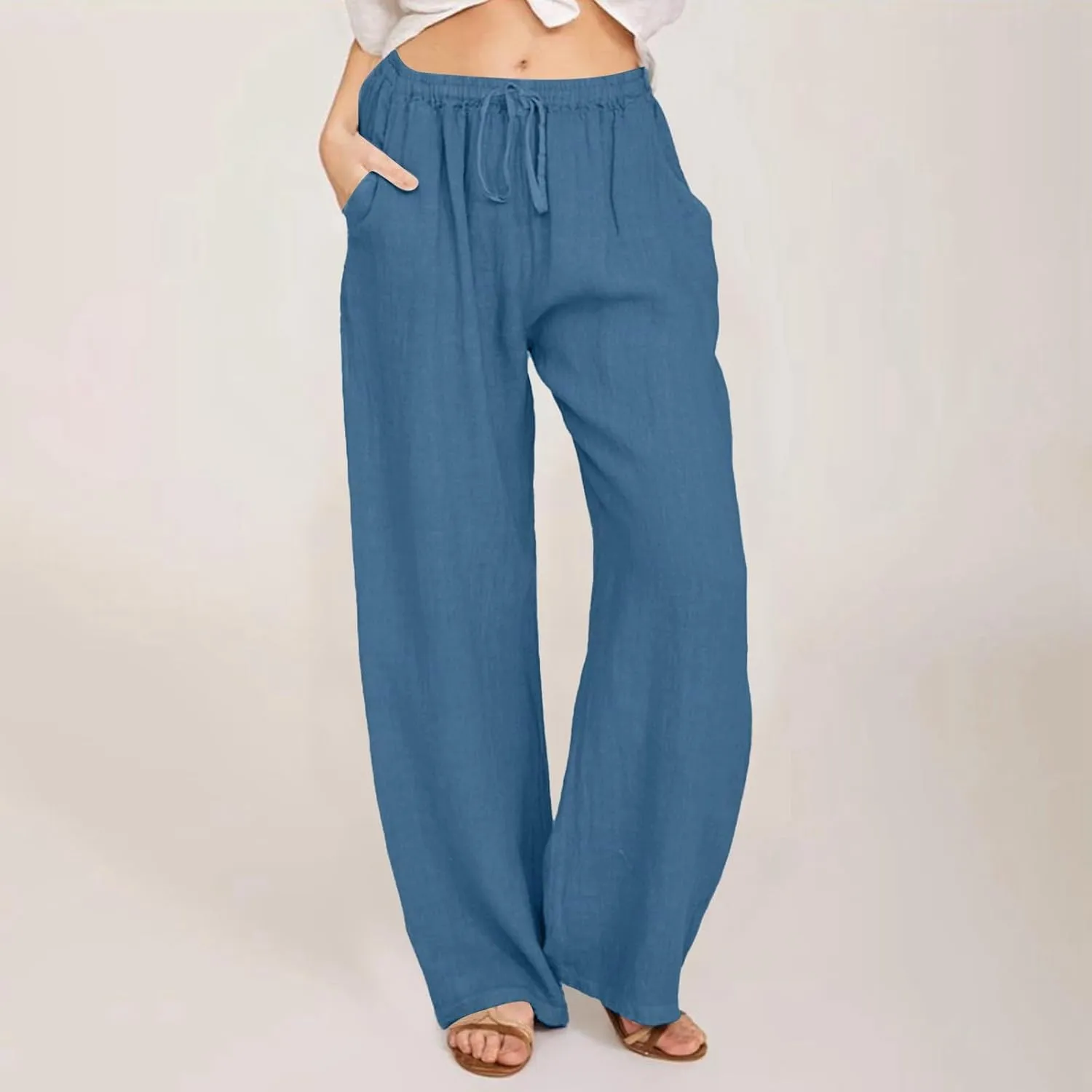 Women's Linen Blend Summer Loose Pants Low Waist Baggy Stretchy Loose Fit Pant Trousers Trendy