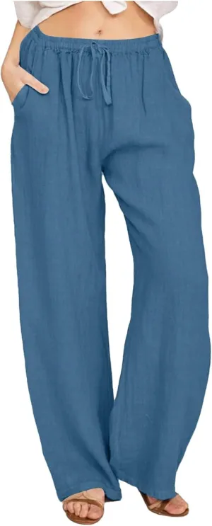 Women's Linen Blend Summer Loose Pants Low Waist Baggy Stretchy Loose Fit Pant Trousers Trendy