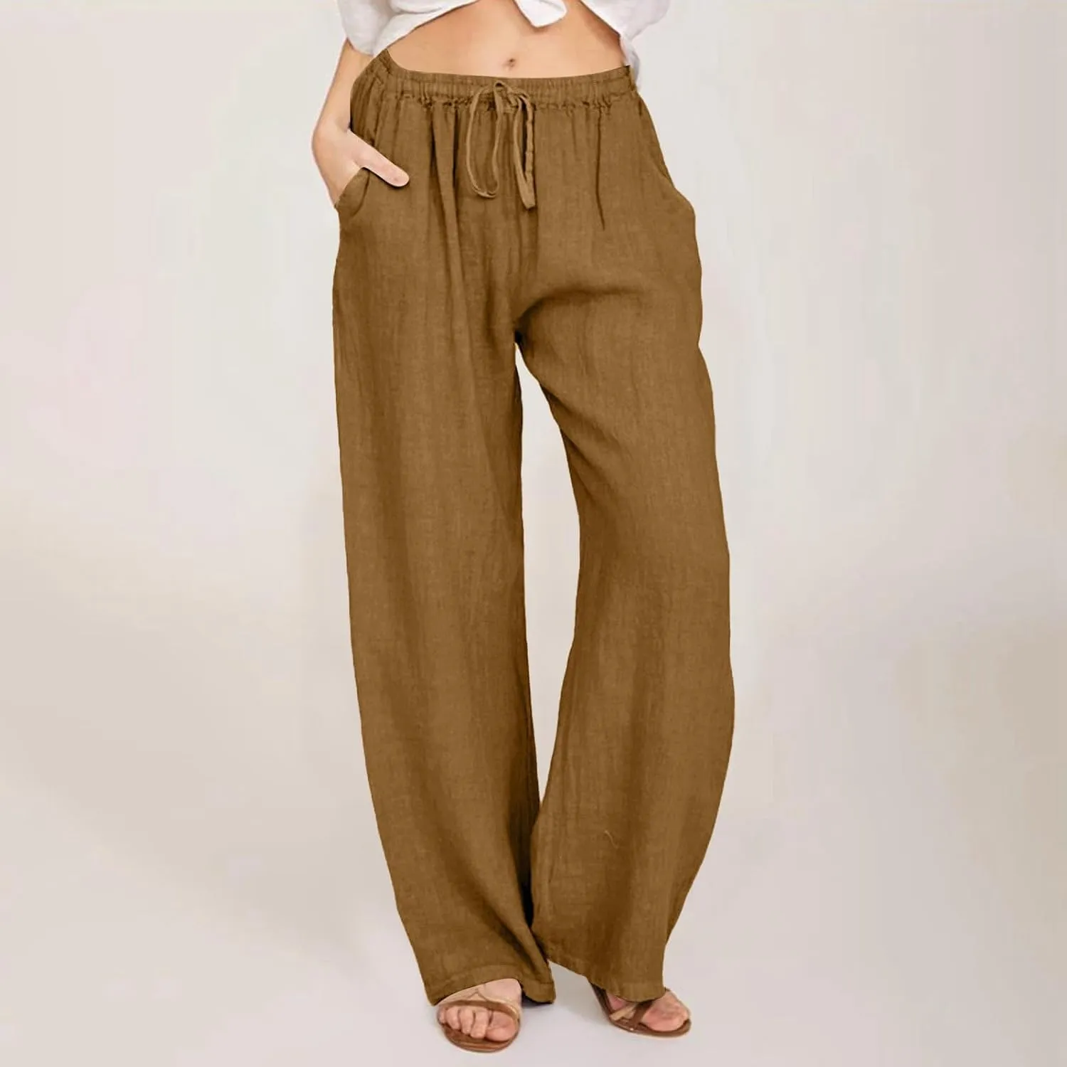 Women's Linen Blend Summer Loose Pants Low Waist Baggy Stretchy Loose Fit Pant Trousers Trendy