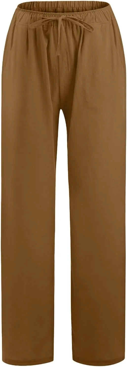 Women's Linen Blend Summer Loose Pants Low Waist Baggy Stretchy Loose Fit Pant Trousers Trendy