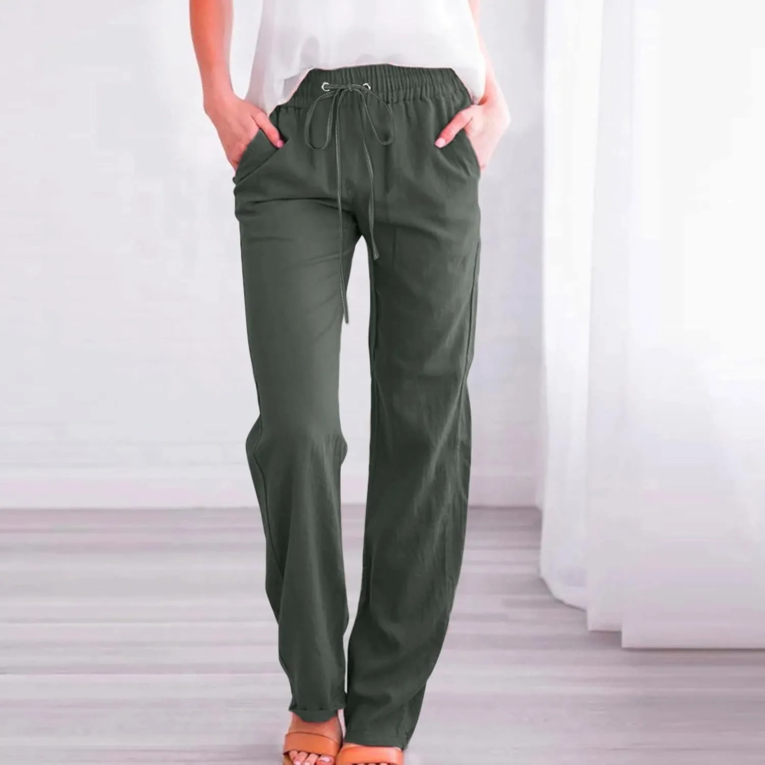 Women's Linen Blend Summer Tie Knot Pant Trousers High Waist Baggy Stretchy Loose Fit Trouser Work Business