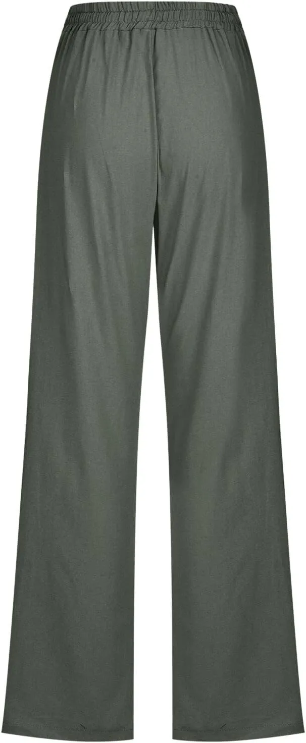 Women's Linen Blend Summer Tie Knot Pant Trousers High Waist Baggy Stretchy Loose Fit Trouser Work Business