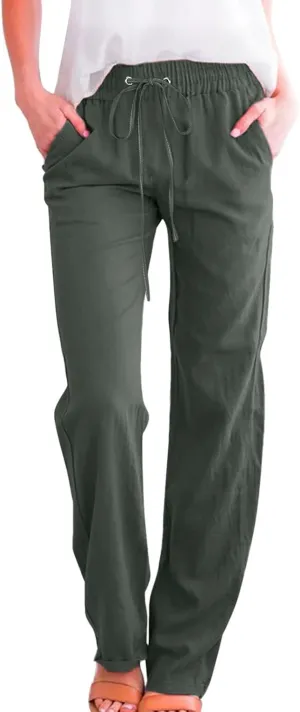 Women's Linen Blend Summer Tie Knot Pant Trousers High Waist Baggy Stretchy Loose Fit Trouser Work Business