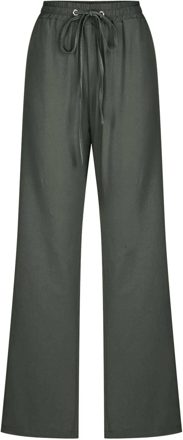 Women's Linen Blend Summer Tie Knot Pant Trousers High Waist Baggy Stretchy Loose Fit Trouser Work Business