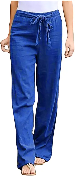 Womens Linen Pants 2025 Summer Casual Loose High Waisted Pants Relaxed Fit Elastic Waist Wide Leg Pants Trousers