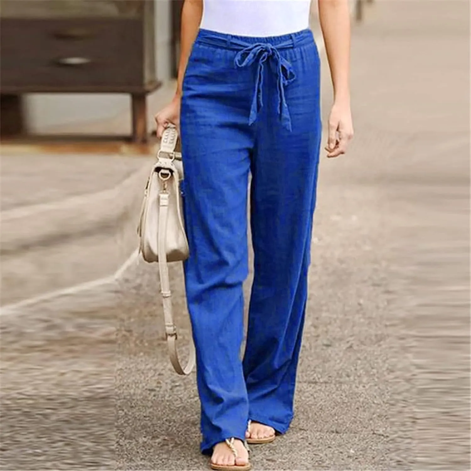 Womens Linen Pants 2025 Summer Casual Loose High Waisted Pants Relaxed Fit Elastic Waist Wide Leg Pants Trousers