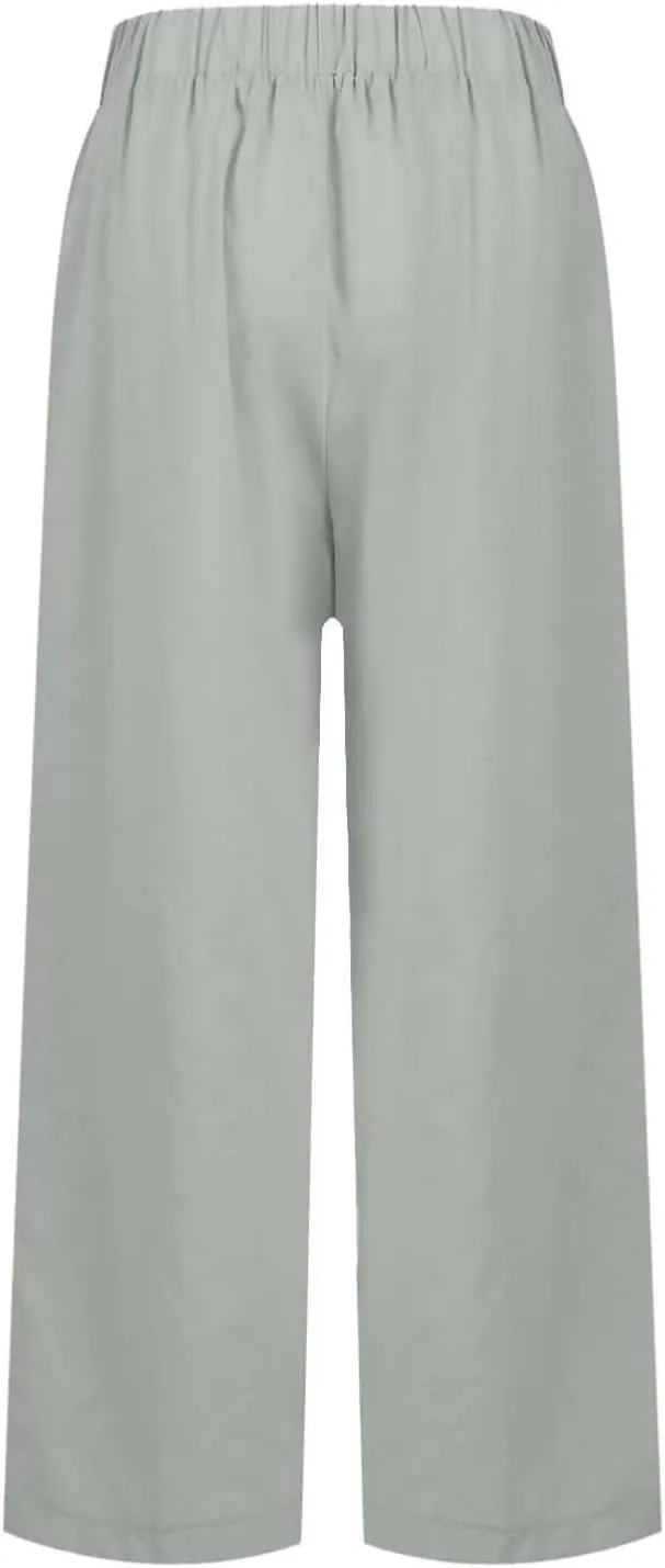 Women's Linen Summer Casual Pant Trousers Elastic Waisted Stretchy Straight Slim Fit Pants Work Business