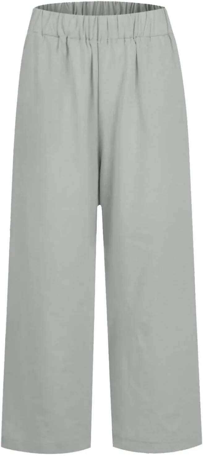 Women's Linen Summer Casual Pant Trousers Elastic Waisted Stretchy Straight Slim Fit Pants Work Business