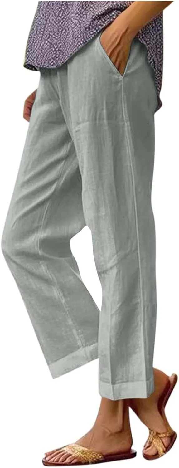 Women's Linen Summer Casual Pant Trousers Elastic Waisted Stretchy Straight Slim Fit Pants Work Business