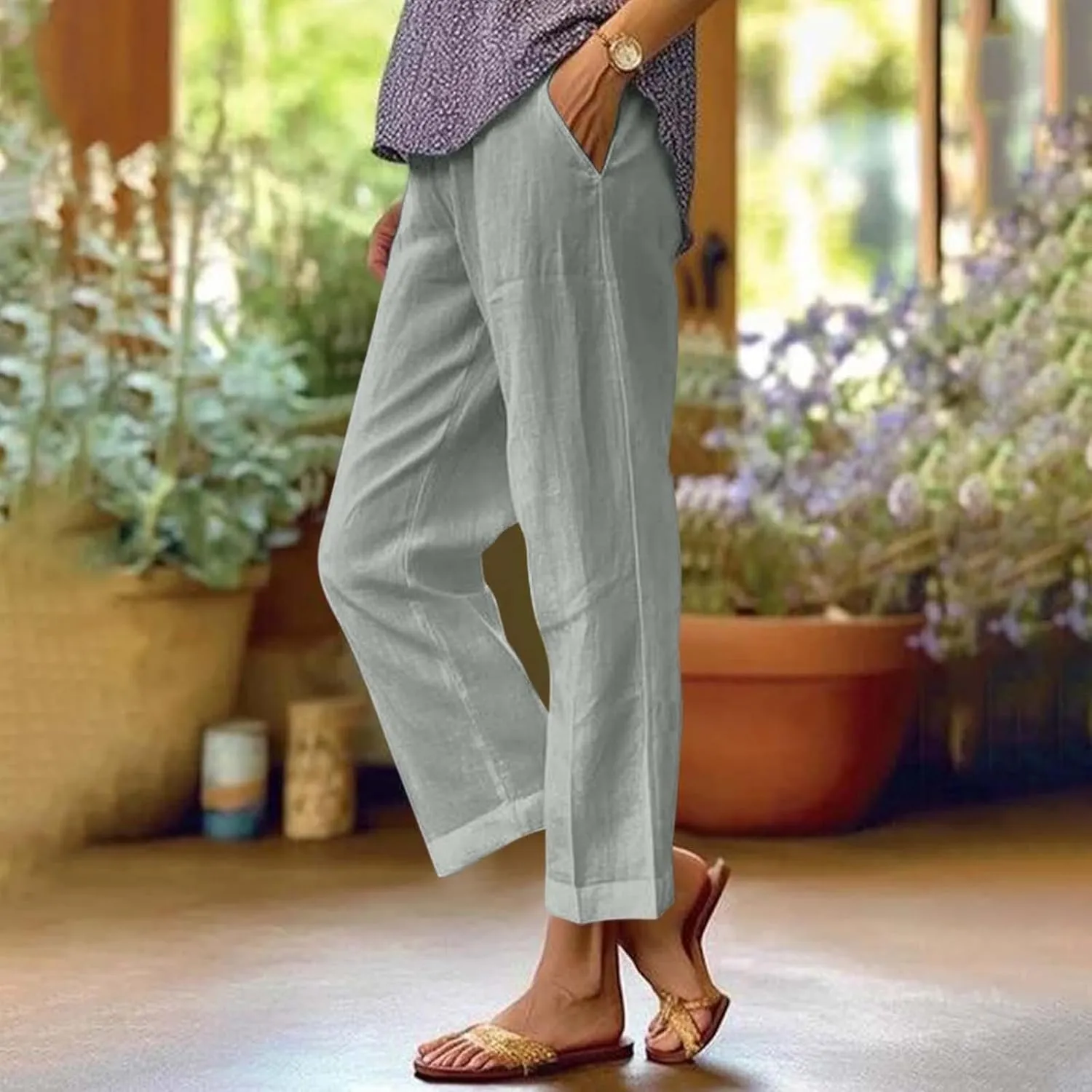 Women's Linen Summer Casual Pant Trousers Elastic Waisted Stretchy Straight Slim Fit Pants Work Business