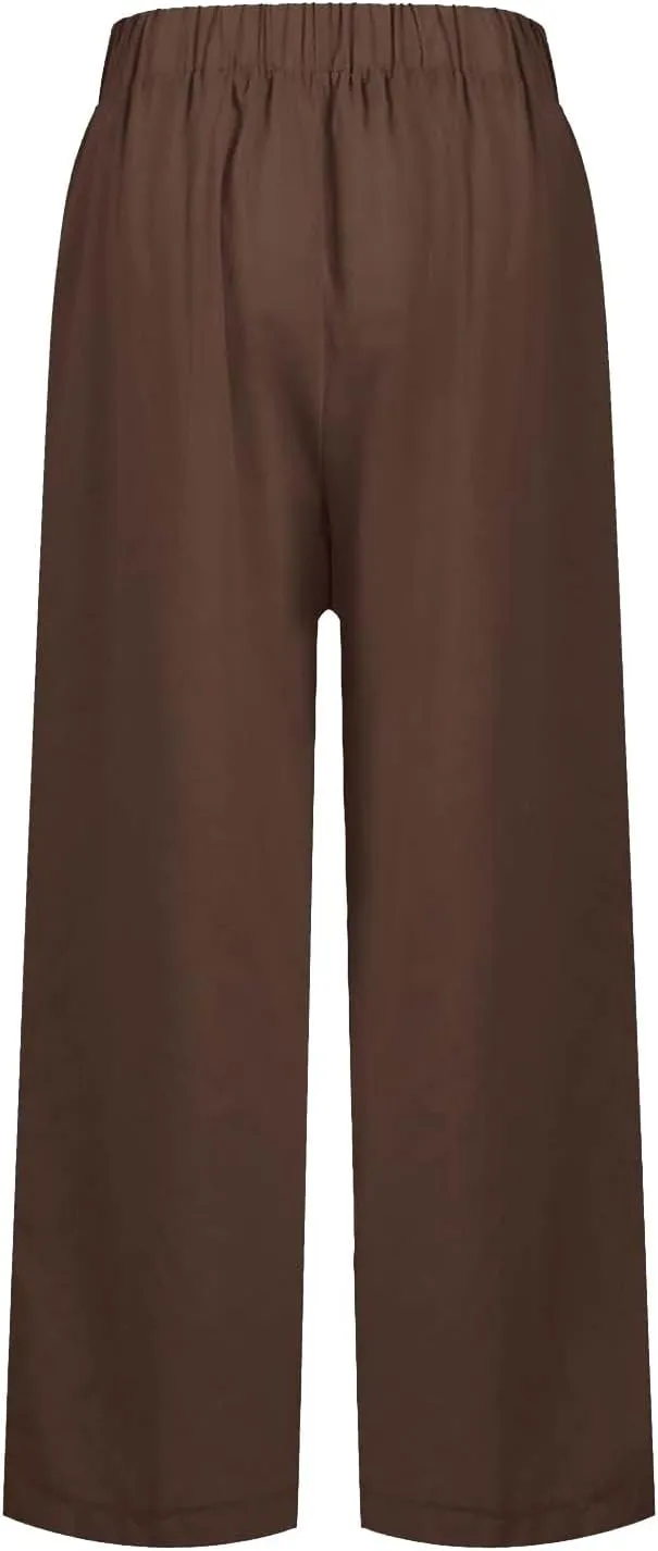Women's Linen Summer Casual Pant Trousers Elastic Waisted Stretchy Straight Slim Fit Pants Work Business