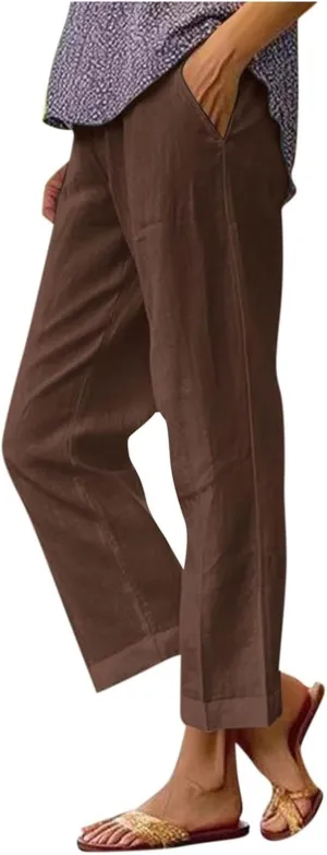 Women's Linen Summer Casual Pant Trousers Elastic Waisted Stretchy Straight Slim Fit Pants Work Business