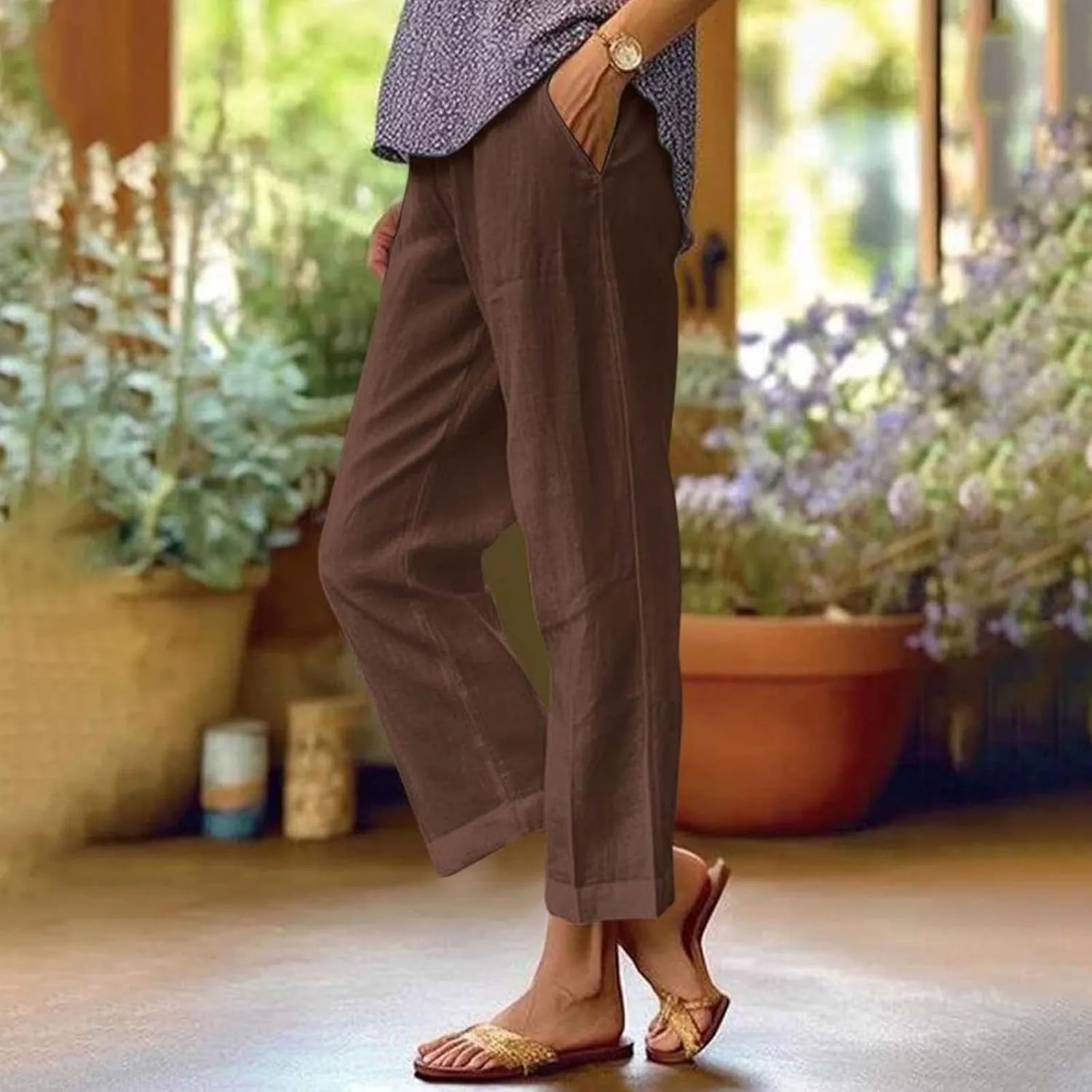 Women's Linen Summer Casual Pant Trousers Elastic Waisted Stretchy Straight Slim Fit Pants Work Business
