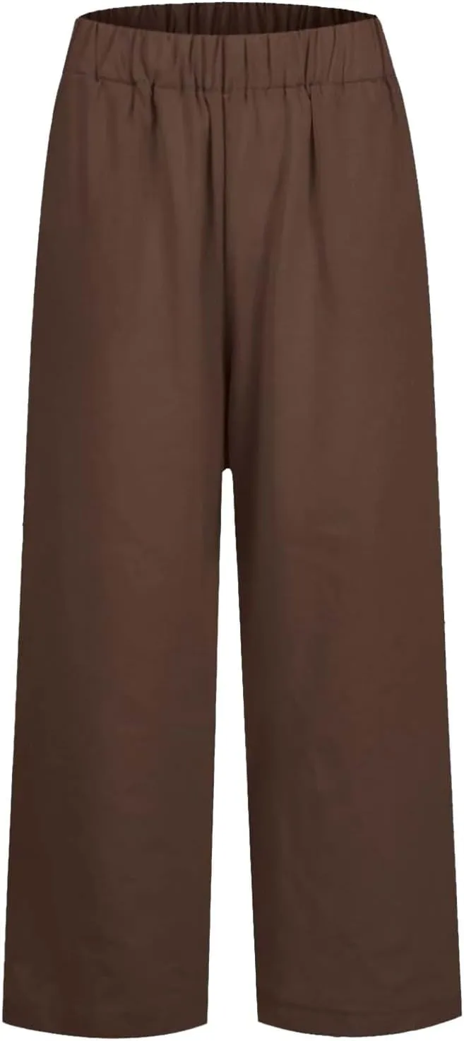 Women's Linen Summer Casual Pant Trousers Elastic Waisted Stretchy Straight Slim Fit Pants Work Business