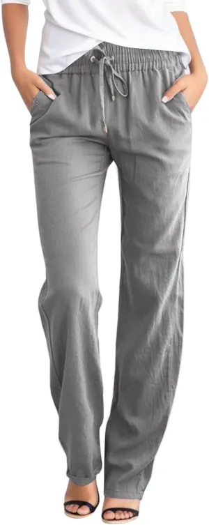 Womens Linen Summer Comfy Palazzo Pants High Waist Baggy Stretchy Plus Size Pant Trousers Office