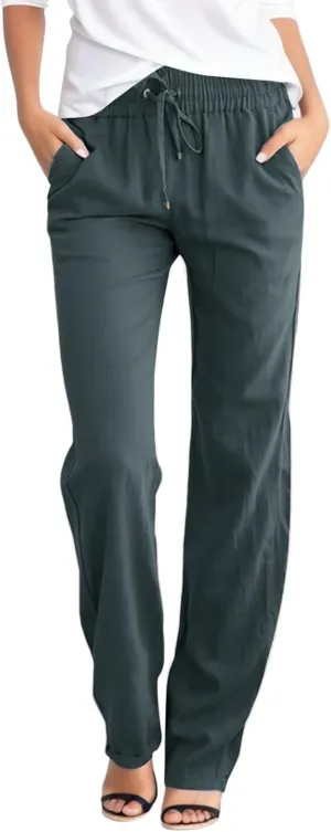 Womens Linen Summer Comfy Palazzo Pants High Waist Baggy Stretchy Plus Size Pant Trousers Office
