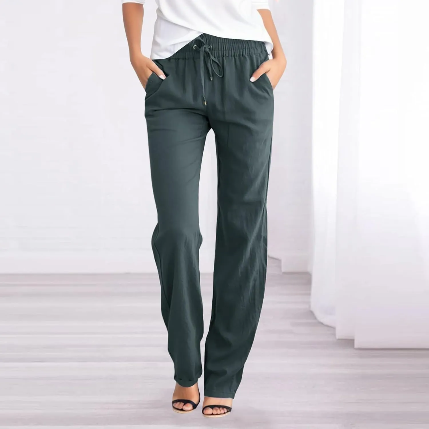 Womens Linen Summer Comfy Palazzo Pants High Waist Baggy Stretchy Plus Size Pant Trousers Office