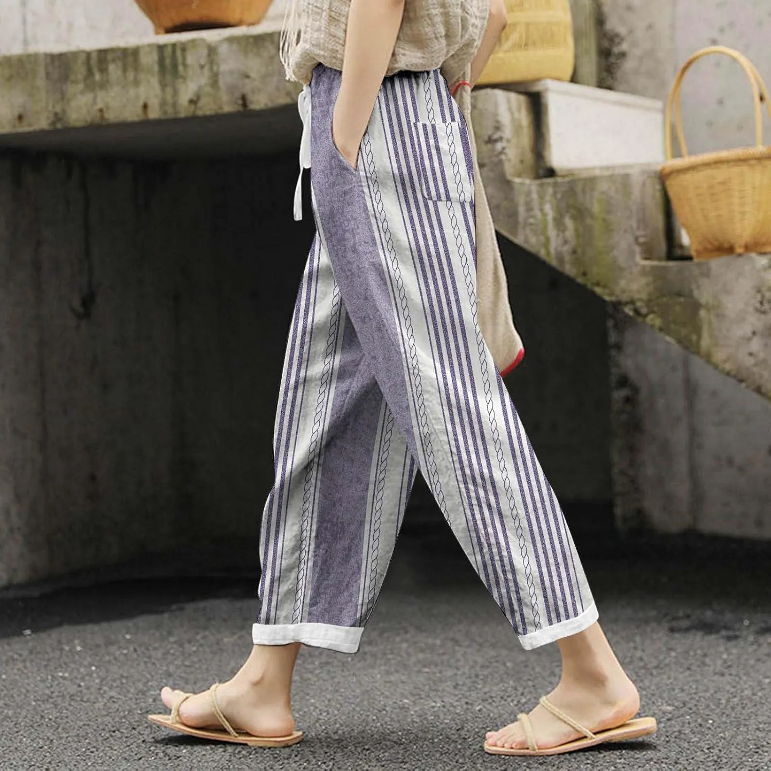 Womens Linen Summer Comfy Pant Trousers Low Waist Stretchy Straight Slim-Fit Trousers Beach