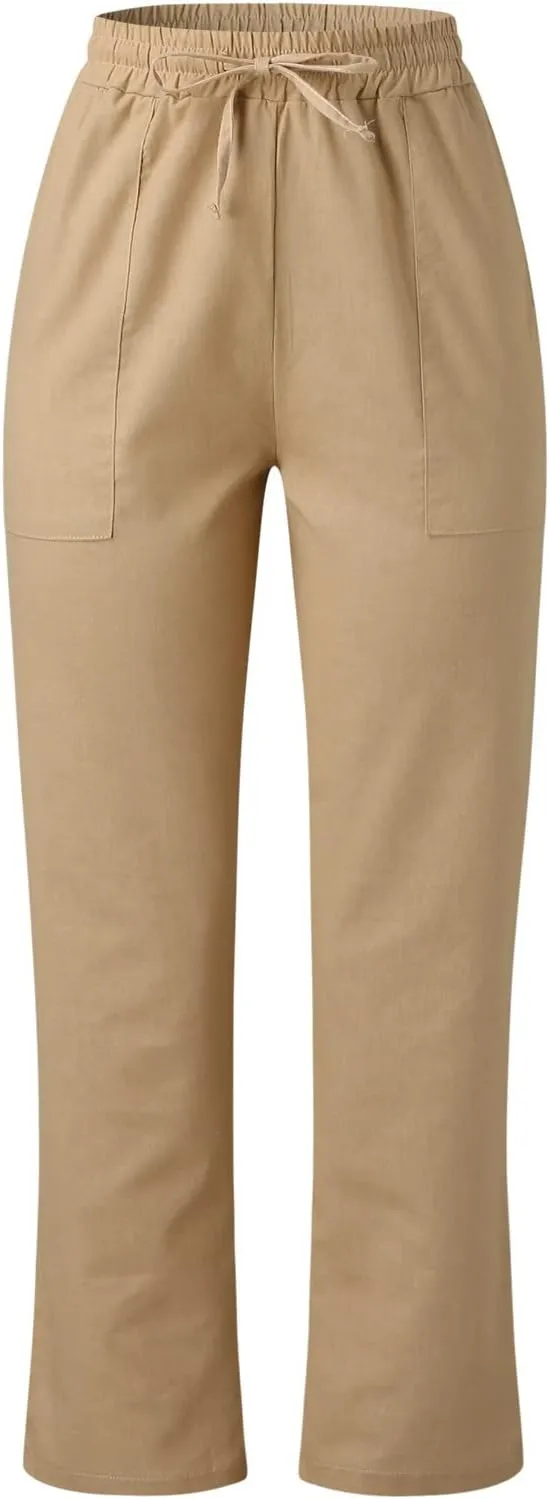 Womens Linen Summer Comfy Pant Trousers Low Waist Stretchy Straight Slim-Fit Trousers Beach
