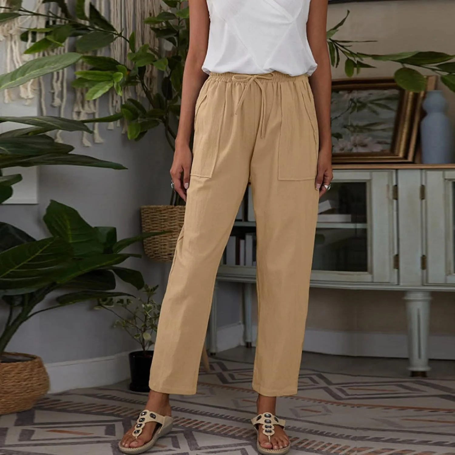 Womens Linen Summer Comfy Pant Trousers Low Waist Stretchy Straight Slim-Fit Trousers Beach