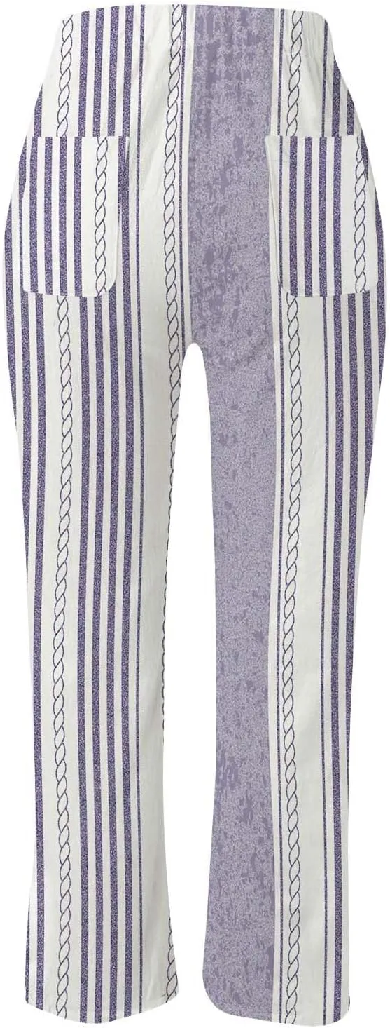 Womens Linen Summer Comfy Pant Trousers Low Waist Stretchy Straight Slim-Fit Trousers Beach
