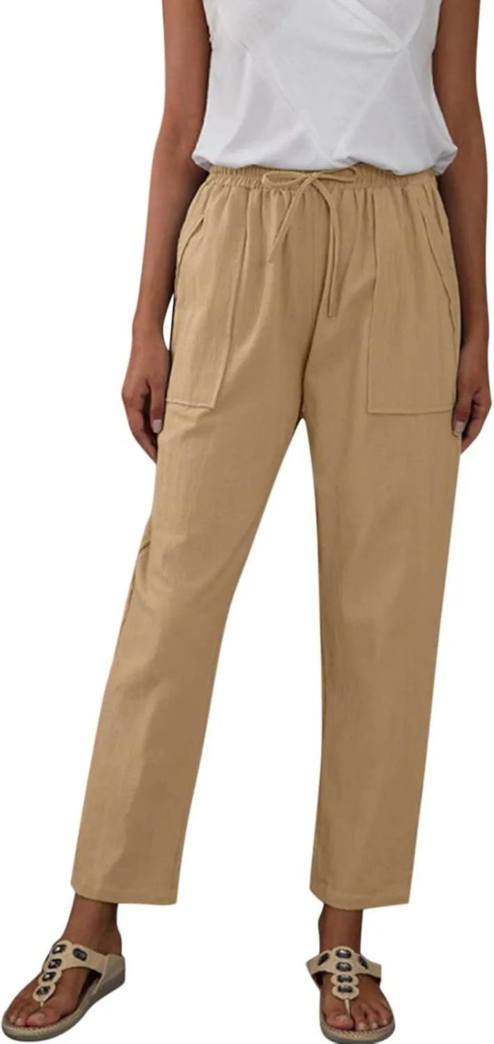 Womens Linen Summer Comfy Pant Trousers Low Waist Stretchy Straight Slim-Fit Trousers Beach