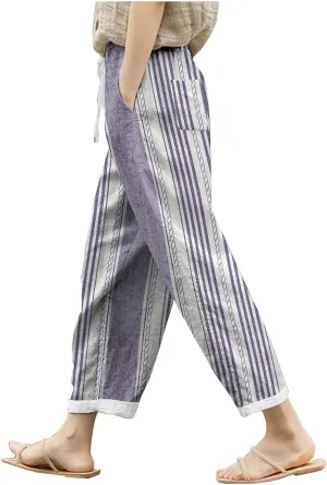 Womens Linen Summer Comfy Pant Trousers Low Waist Stretchy Straight Slim-Fit Trousers Beach