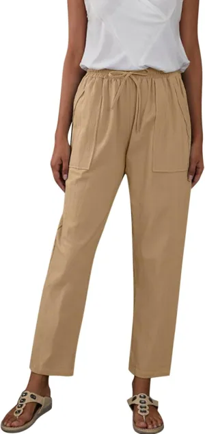 Womens Linen Summer Comfy Pant Trousers Low Waist Stretchy Straight Slim-Fit Trousers Beach