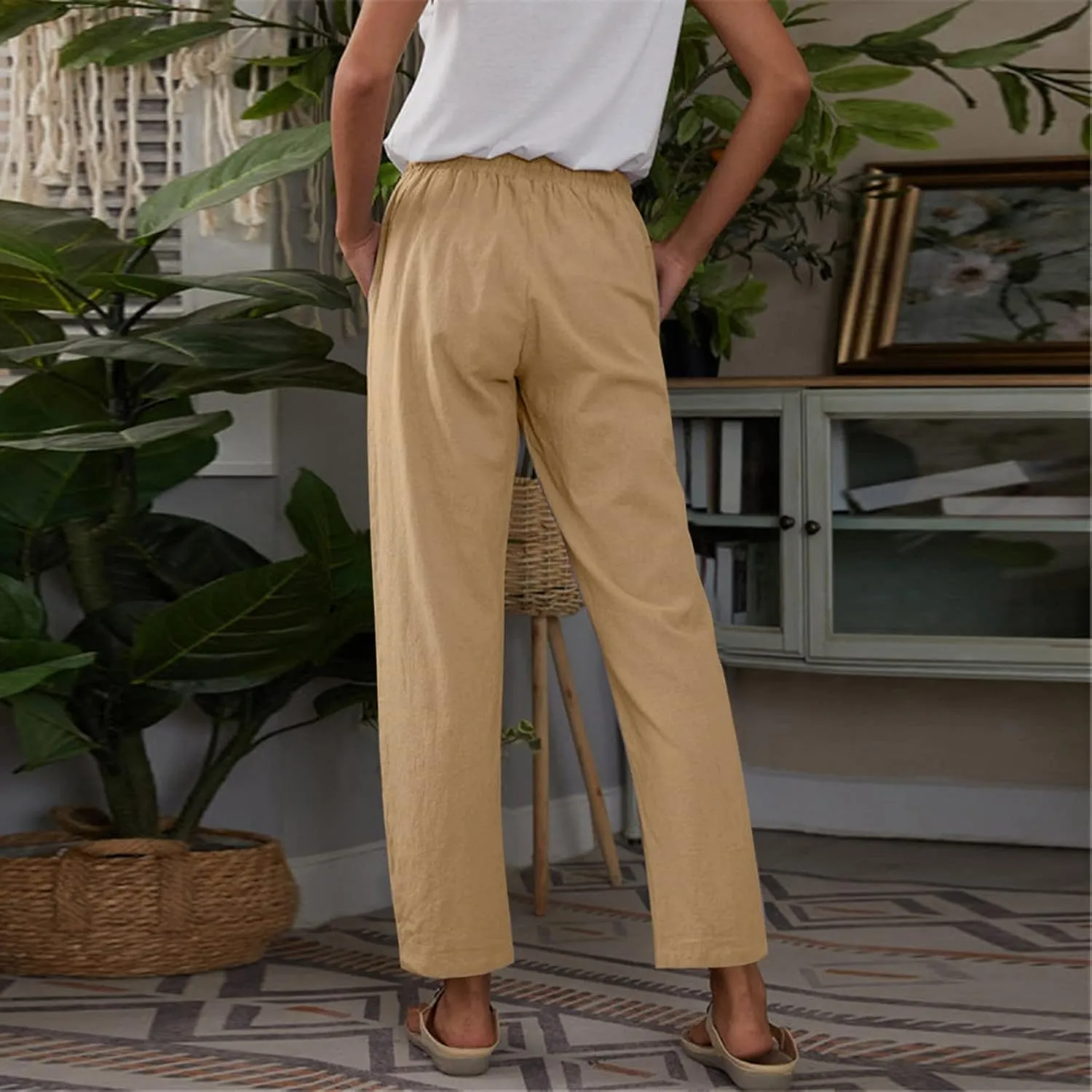 Womens Linen Summer Comfy Pant Trousers Low Waist Stretchy Straight Slim-Fit Trousers Beach