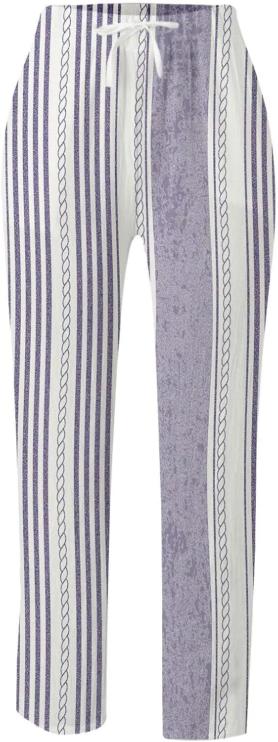 Womens Linen Summer Comfy Pant Trousers Low Waist Stretchy Straight Slim-Fit Trousers Beach