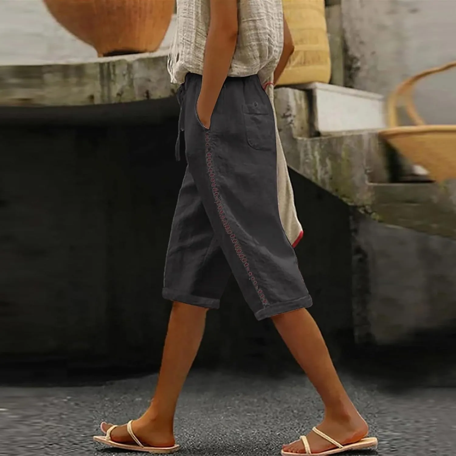 Women's Linen Summer Floral Palazzo Pants Elastic Waisted Baggy Stretchy Slim-Fit Pants Office