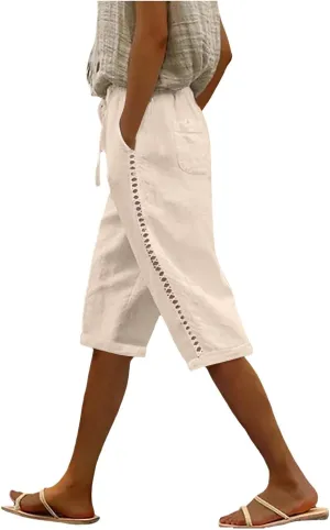 Women's Linen Summer Floral Palazzo Pants Elastic Waisted Baggy Stretchy Slim-Fit Pants Office