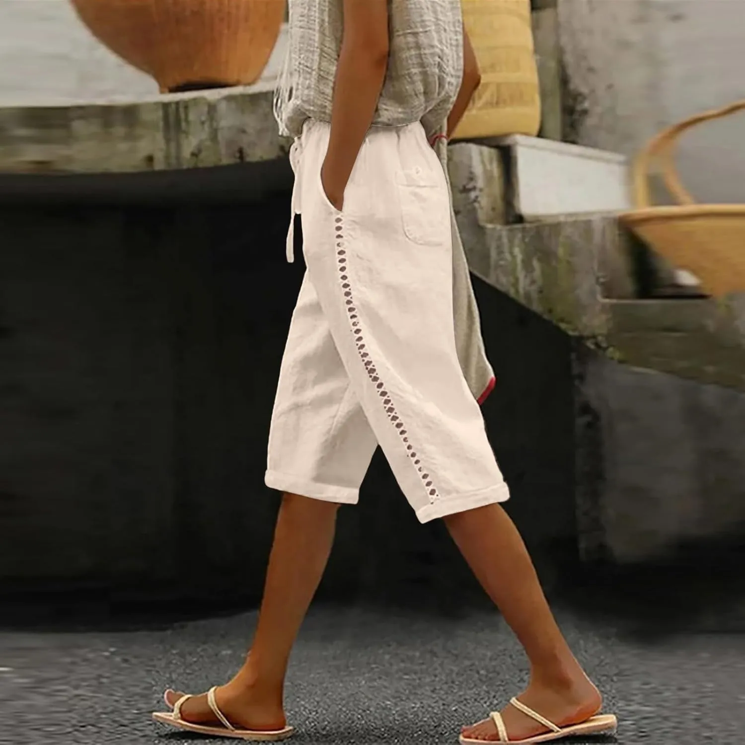 Women's Linen Summer Floral Palazzo Pants Elastic Waisted Baggy Stretchy Slim-Fit Pants Office
