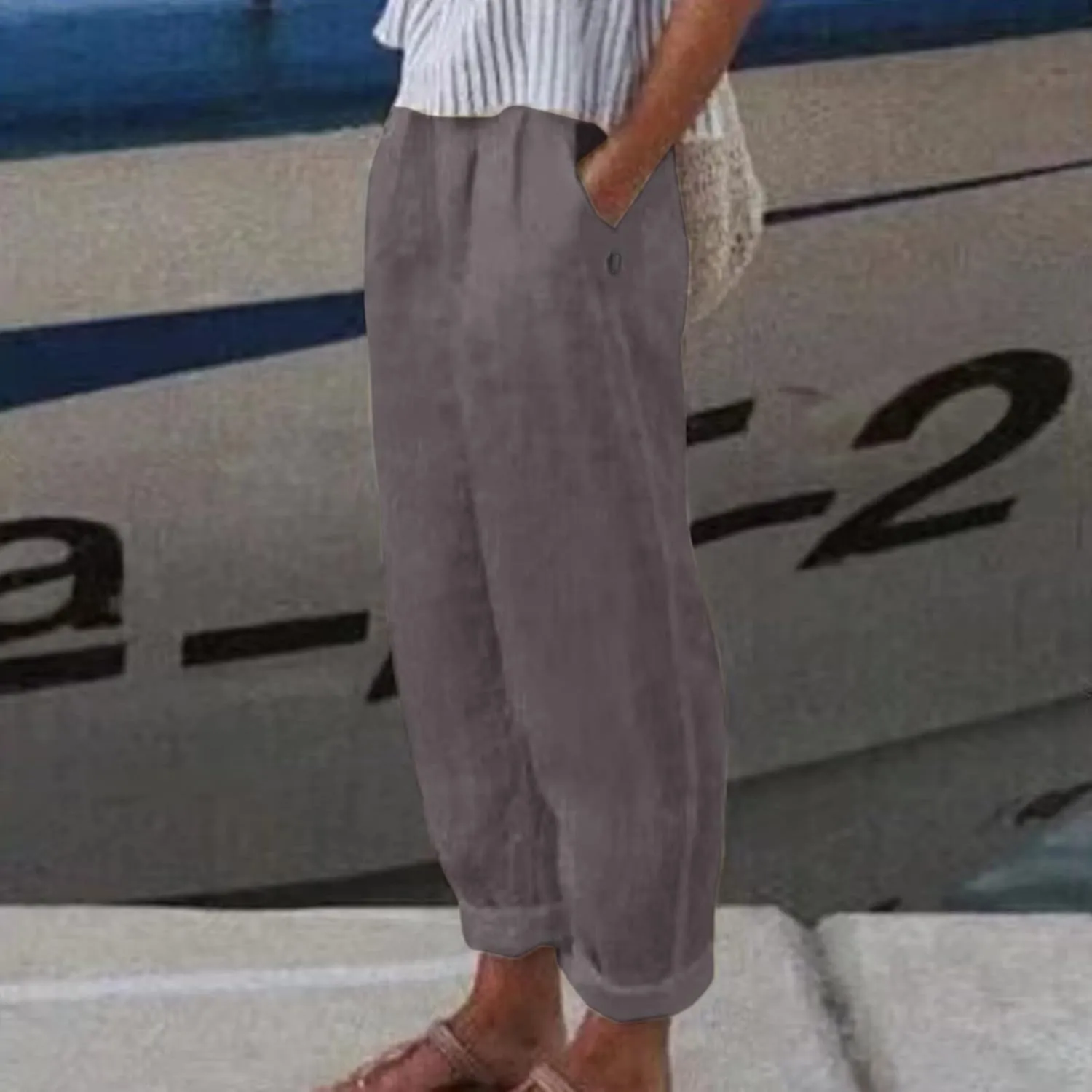 Womens Linen Summer Letter Patched Pants Elastic Waisted Stretchy Straight Plus Size Pant Trousers Vacation