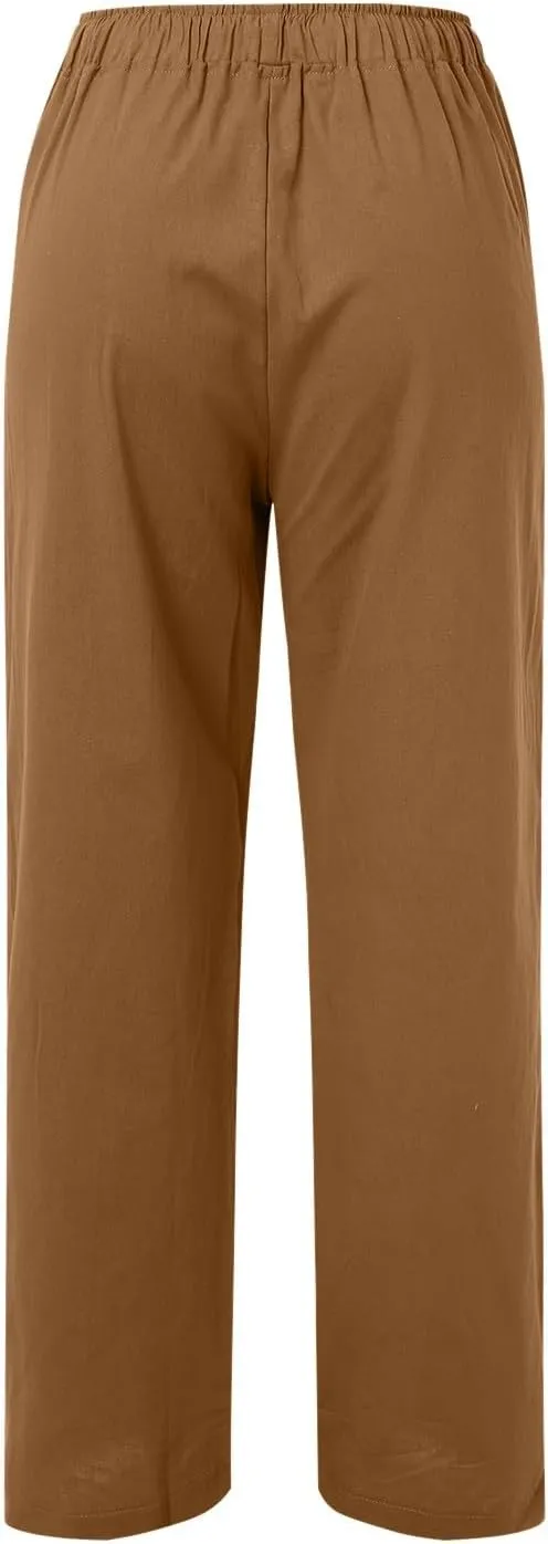 Womens Linen Summer Loose Pant Trousers Low Waist Stretchy Straight Loose Fit Trouser Office
