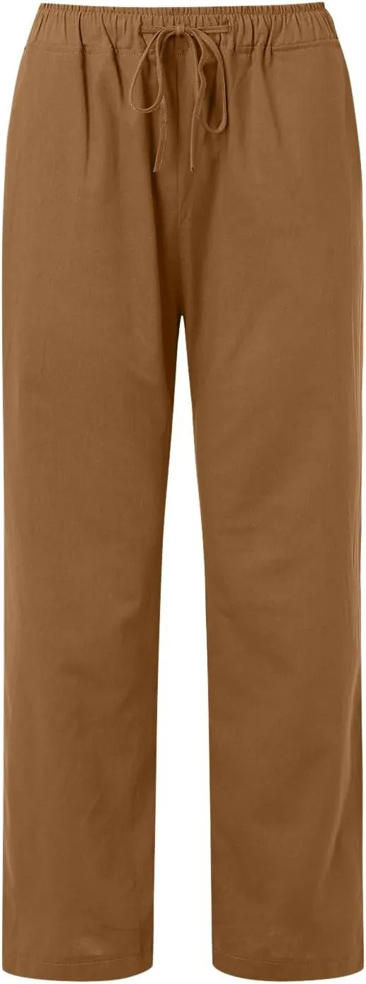 Womens Linen Summer Loose Pant Trousers Low Waist Stretchy Straight Loose Fit Trouser Office